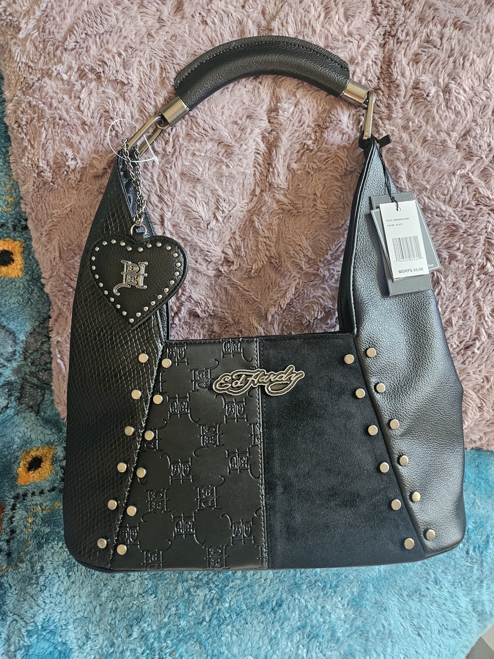 Ed Hardy Black Studded Shoulder Hobo Bag with Heart Charm